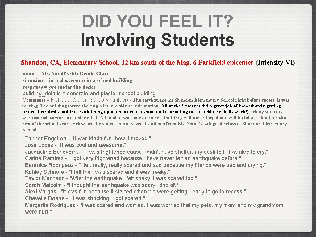 DID YOU FEEL IT? Involving Students Shandon, CA, Elementary School, 12 km south of