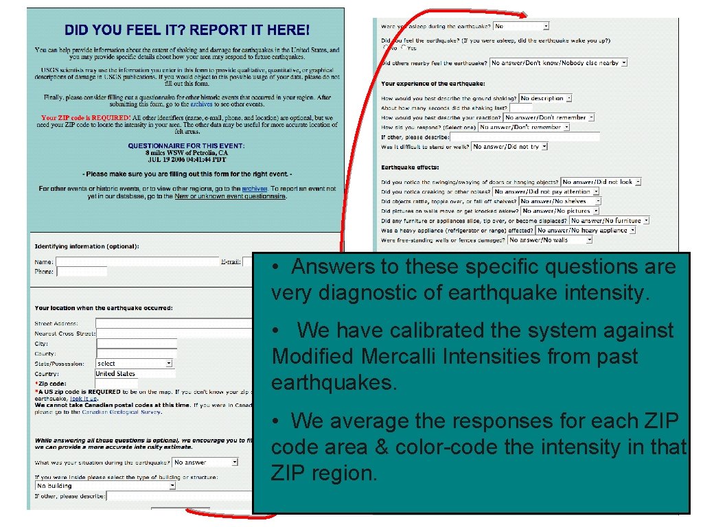  • Answers to these specific questions are very diagnostic of earthquake intensity. •