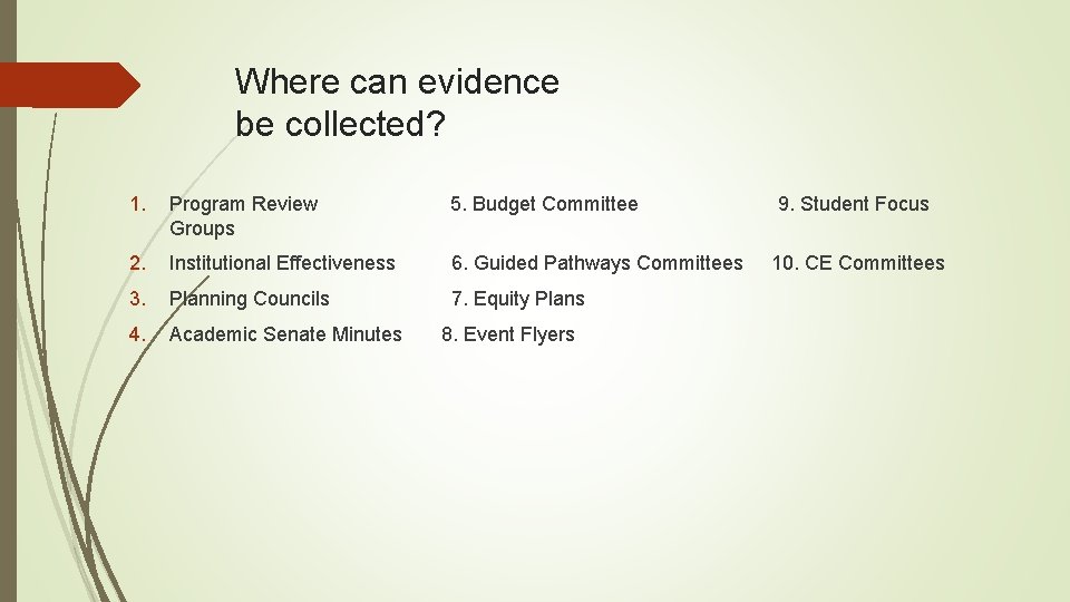 Where can evidence be collected? 1. Program Review 5. Budget Committee 9. Student Focus