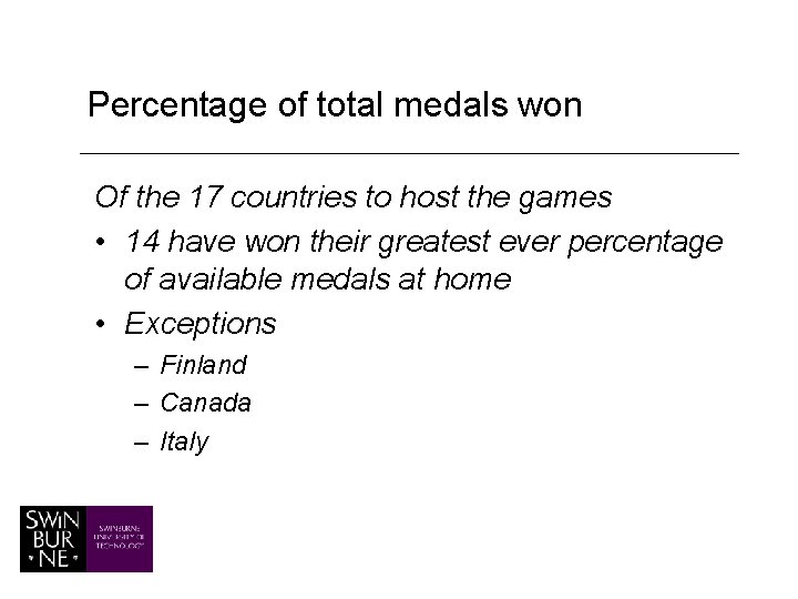 Percentage of total medals won Of the 17 countries to host the games •