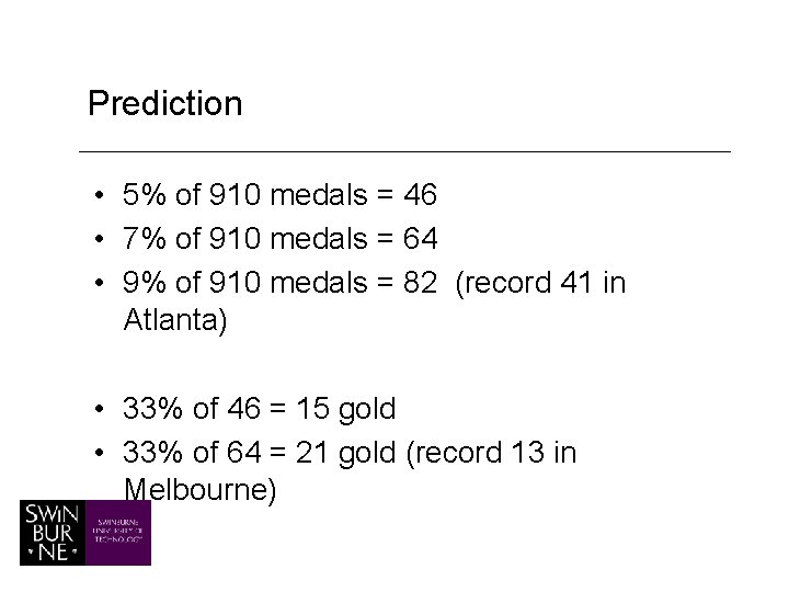 Prediction • 5% of 910 medals = 46 • 7% of 910 medals =
