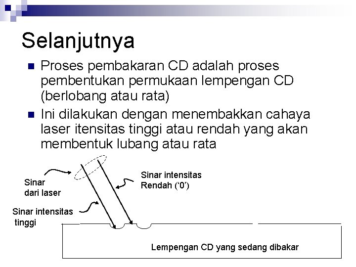 Selanjutnya n n Proses pembakaran CD adalah proses pembentukan permukaan lempengan CD (berlobang atau