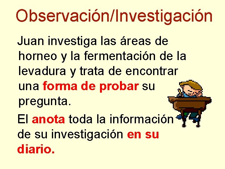 Observación/Investigación Juan investiga las áreas de horneo y la fermentación de la levadura y