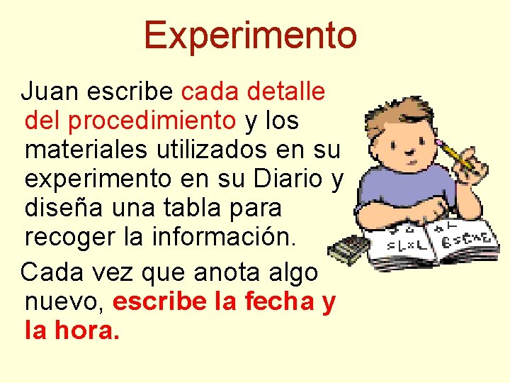 Experimento Juan escribe cada detalle del procedimiento y los materiales utilizados en su experimento