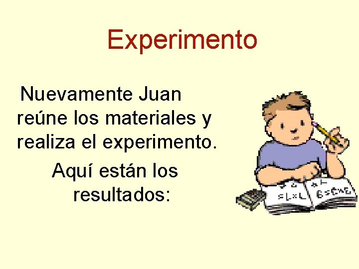 Experimento Nuevamente Juan reúne los materiales y realiza el experimento. Aquí están los resultados: