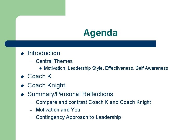 Agenda l Introduction – Central Themes l l Motivation, Leadership Style, Effectiveness, Self Awareness