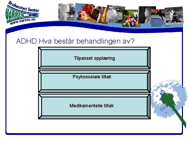 ADHD Hva består behandlingen av? Tilpasset opplæring Psykososiale tiltak Medikamentelle tiltak 