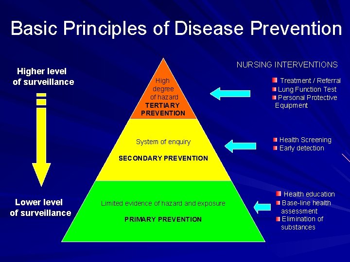 Basic Principles of Disease Prevention Higher level of surveillance NURSING INTERVENTIONS High degree of Basic Principles of Disease Prevention Higher level of surveillance NURSING INTERVENTIONS High degree of