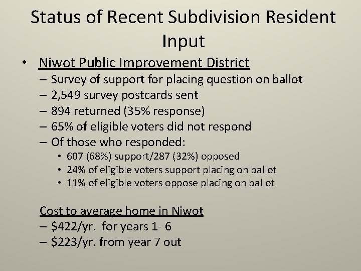 Status of Recent Subdivision Resident Input • Niwot Public Improvement District – Survey of