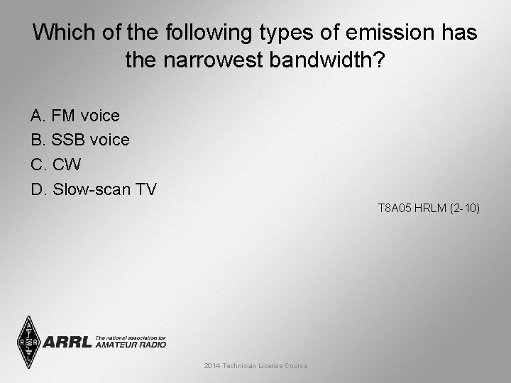 Which of the following types of emission has the narrowest bandwidth? A. FM voice