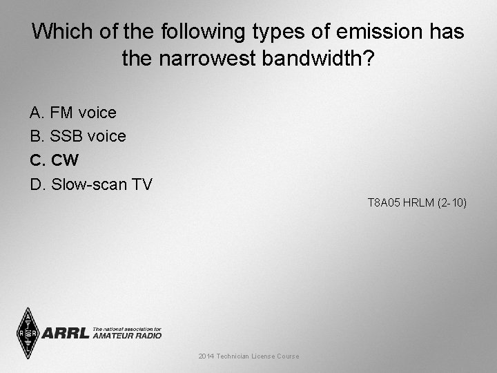 Which of the following types of emission has the narrowest bandwidth? A. FM voice