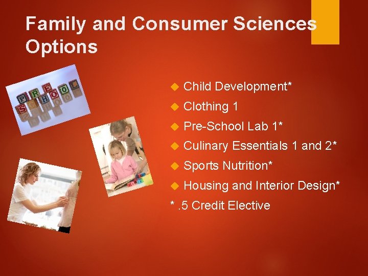 Family and Consumer Sciences Options Child Development* Clothing 1 Pre-School Lab 1* Culinary Essentials