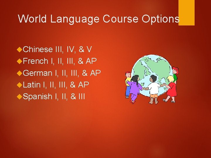 World Language Course Options Chinese III, IV, & V French I, III, & AP
