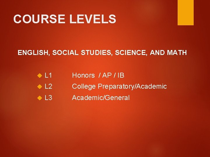 COURSE LEVELS ENGLISH, SOCIAL STUDIES, SCIENCE, AND MATH L 1 Honors / AP /