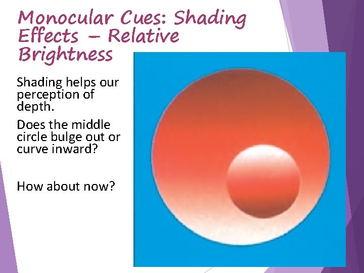 Monocular Cues: Shading Effects – Relative Brightness Shading helps our perception of depth. Does
