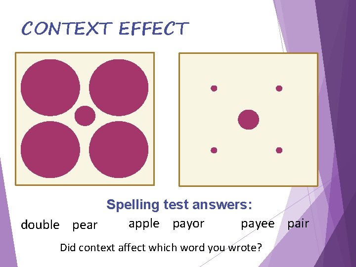 CONTEXT EFFECT Spelling test answers: apple payor payee pair double pear Did context affect