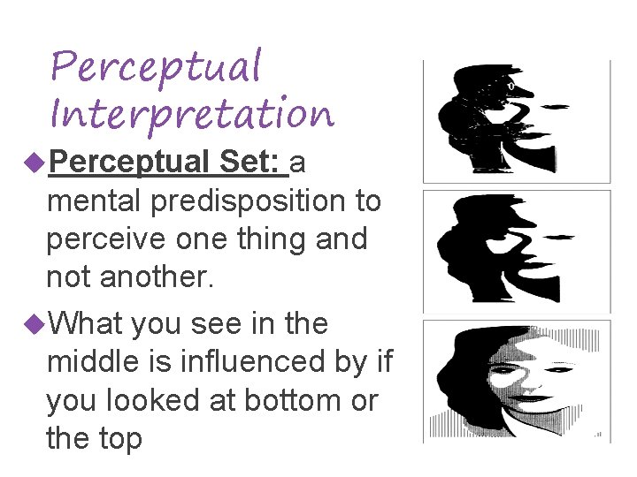 Perceptual Interpretation Perceptual Set: a mental predisposition to perceive one thing and not another.