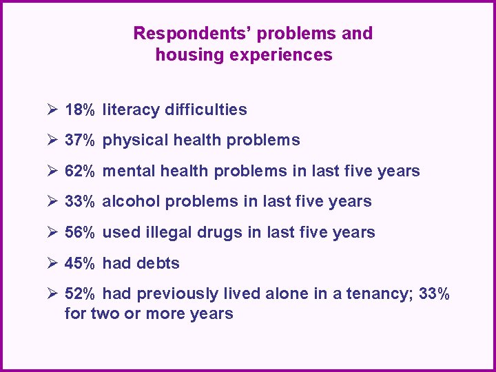 Respondents’ problems and housing experiences Ø 18% literacy difficulties Ø 37% physical health problems