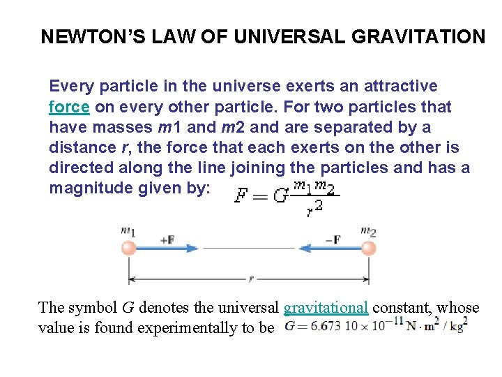NEWTON’S LAW OF UNIVERSAL GRAVITATION Every particle in the universe exerts an attractive force
