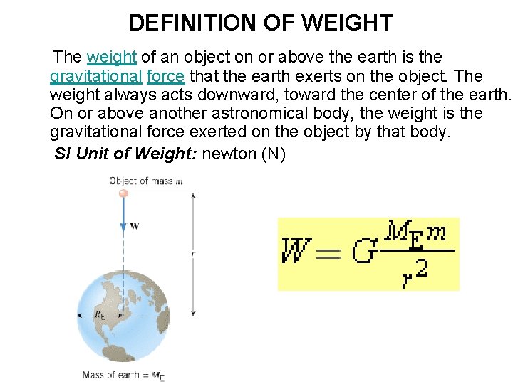 DEFINITION OF WEIGHT The weight of an object on or above the earth is