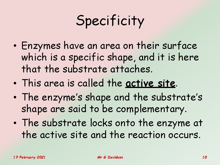 Specificity • Enzymes have an area on their surface which is a specific shape, Specificity • Enzymes have an area on their surface which is a specific shape,