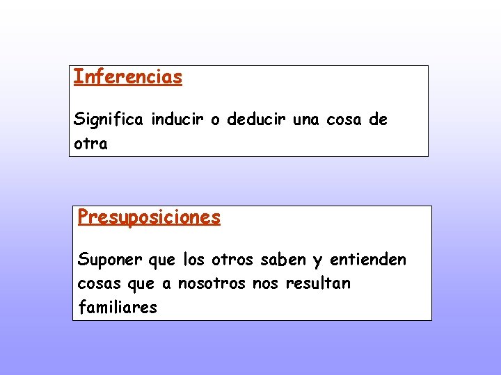 Inferencias Significa inducir o deducir una cosa de otra Presuposiciones Suponer que los otros