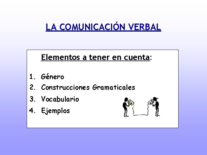 LA COMUNICACIÓN VERBAL Elementos a tener en cuenta: 1. Género 2. Construcciones Gramaticales 3.