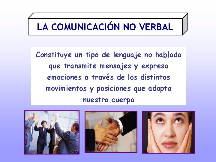 LA COMUNICACIÓN NO VERBAL Constituye un tipo de lenguaje no hablado que transmite mensajes