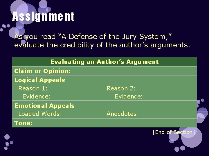 Assignment As you read “A Defense of the Jury System, ” evaluate the credibility