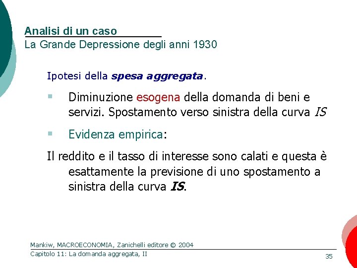 Analisi di un caso La Grande Depressione degli anni 1930 Ipotesi della spesa aggregata.