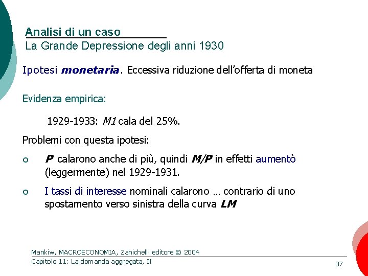 Analisi di un caso La Grande Depressione degli anni 1930 Ipotesi monetaria. Eccessiva riduzione