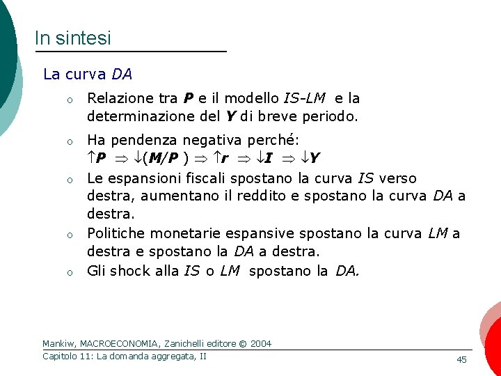 In sintesi La curva DA o Relazione tra P e il modello IS-LM e