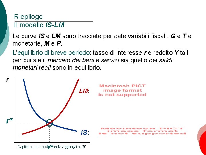 Riepilogo Il modello IS-LM Le curve IS e LM sono tracciate per date variabili