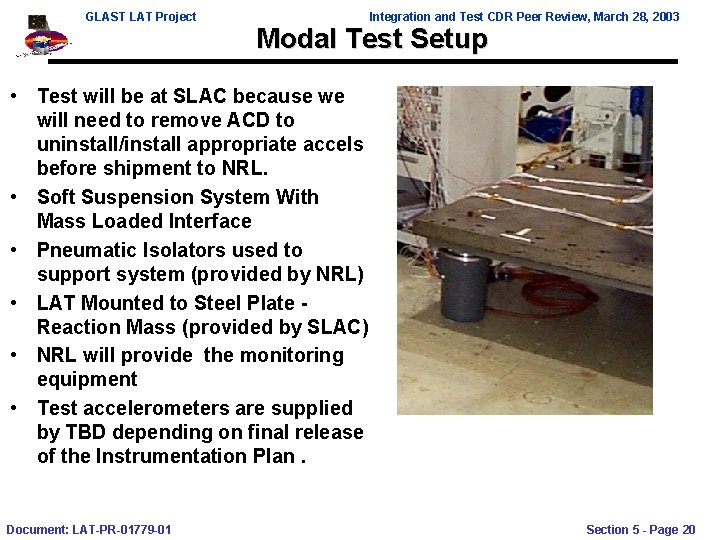 GLAST LAT Project Integration and Test CDR Peer Review, March 28, 2003 Modal Test