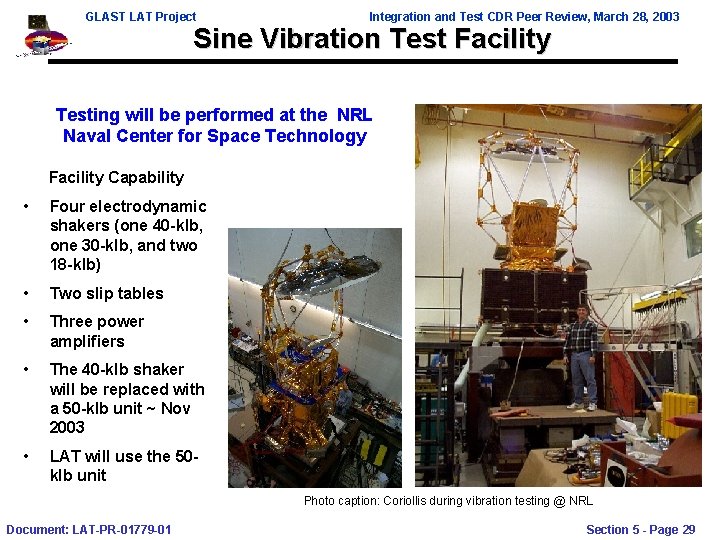 GLAST LAT Project Integration and Test CDR Peer Review, March 28, 2003 Sine Vibration