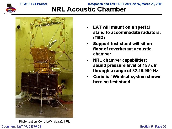 GLAST LAT Project Integration and Test CDR Peer Review, March 28, 2003 NRL Acoustic