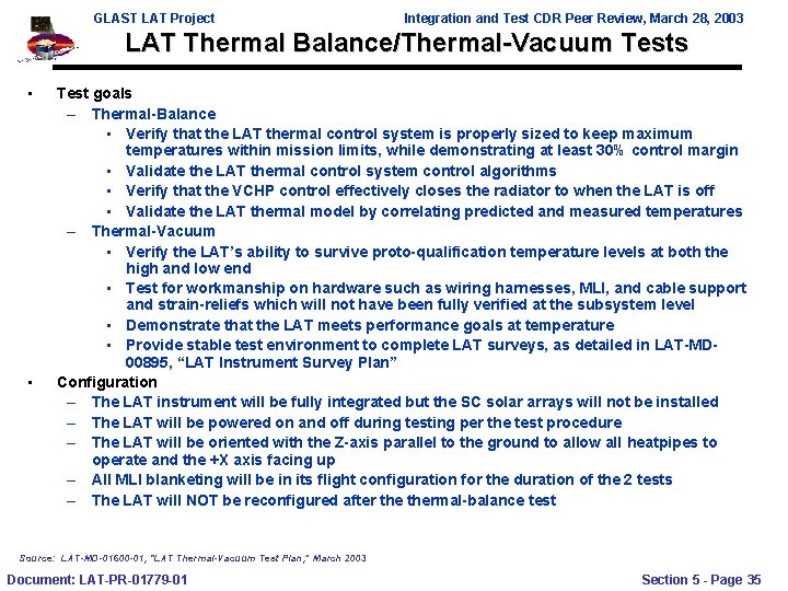 GLAST LAT Project Integration and Test CDR Peer Review, March 28, 2003 LAT Thermal