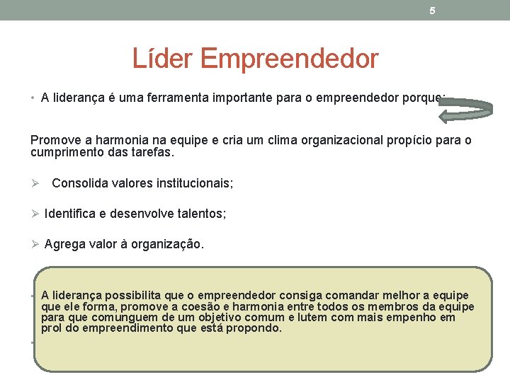 5 Líder Empreendedor • A liderança é uma ferramenta importante para o empreendedor porque: