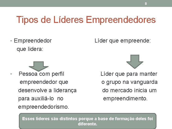 8 Tipos de Líderes Empreendedores • Empreendedor Líder que empreende: que lidera: • Pessoa