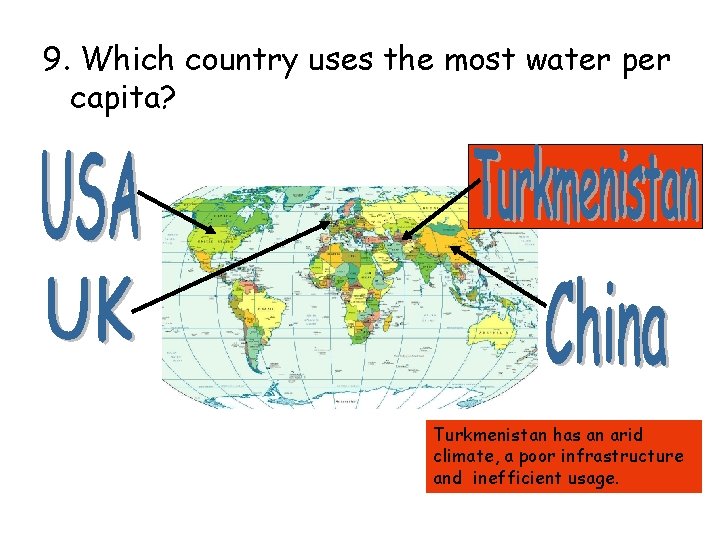 9. Which country uses the most water per capita? Turkmenistan has an arid climate,
