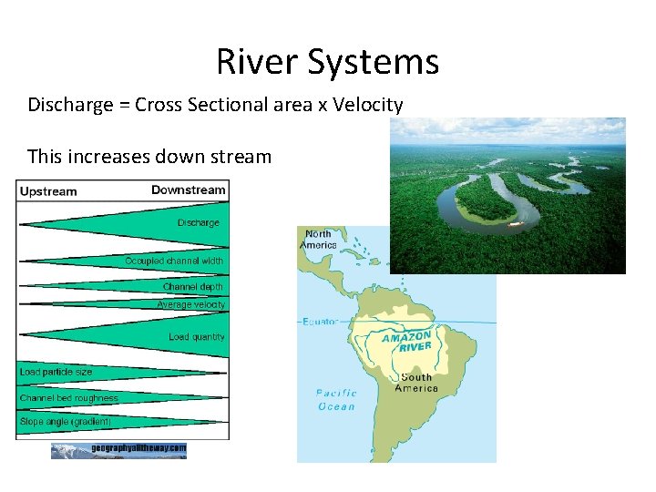 River Systems Discharge = Cross Sectional area x Velocity This increases down stream 