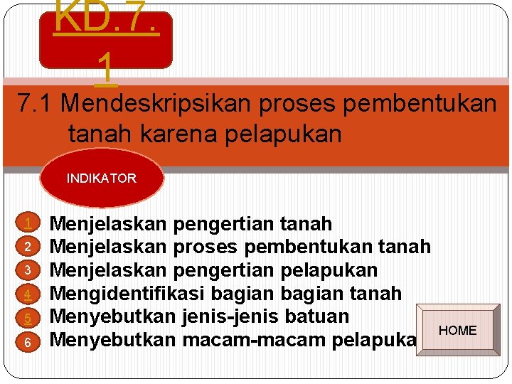 KD. 7. 1 Mendeskripsikan proses pembentukan tanah karena pelapukan INDIKATOR 1 2 3 4