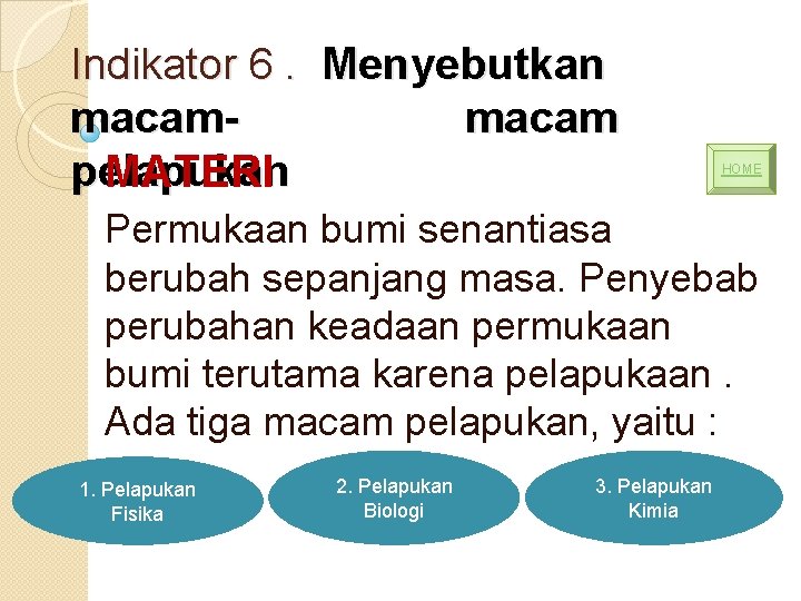 Indikator 6. Menyebutkan macam pelapukan MATERI HOME Permukaan bumi senantiasa berubah sepanjang masa. Penyebab