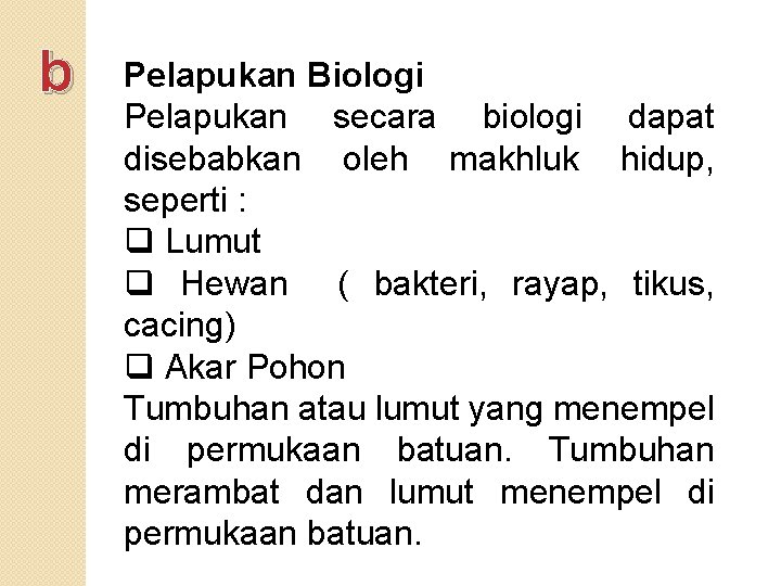 b Pelapukan Biologi Pelapukan secara biologi dapat disebabkan oleh makhluk hidup, seperti : q