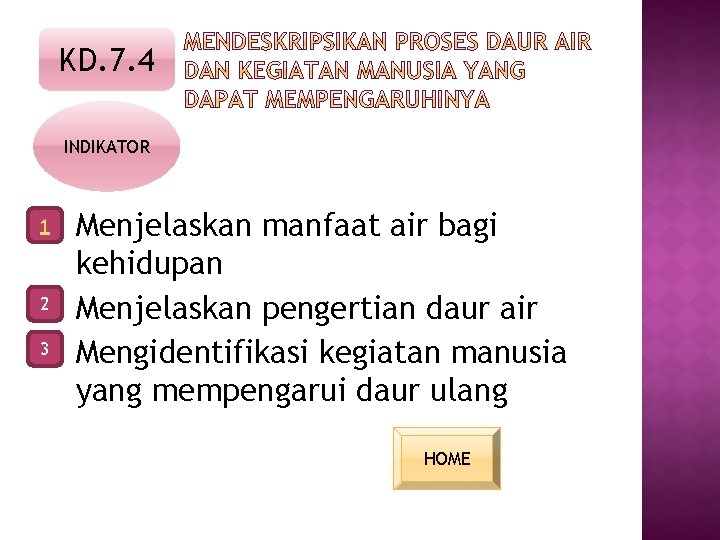 KD. 7. 4 INDIKATOR 1 2 3 Menjelaskan manfaat air bagi kehidupan Menjelaskan pengertian