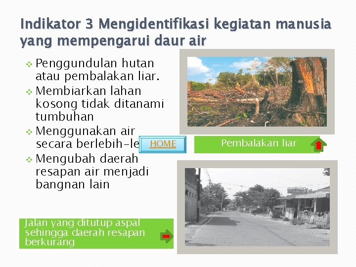 Indikator 3 Mengidentifikasi kegiatan manusia yang mempengarui daur air Penggundulan hutan atau pembalakan liar. Indikator 3 Mengidentifikasi kegiatan manusia yang mempengarui daur air Penggundulan hutan atau pembalakan liar.