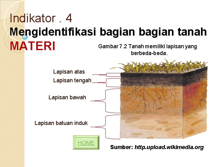 Indikator. 4 Mengidentifikasi bagian tanah MATERI Gambar 7. 2 Tanah memiliki lapisan yang berbeda-beda.