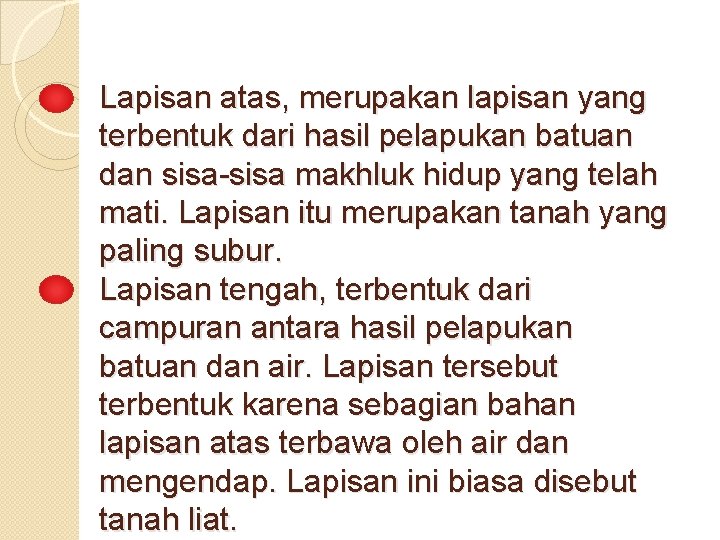 Lapisan atas, merupakan lapisan yang terbentuk dari hasil pelapukan batuan dan sisa-sisa makhluk hidup