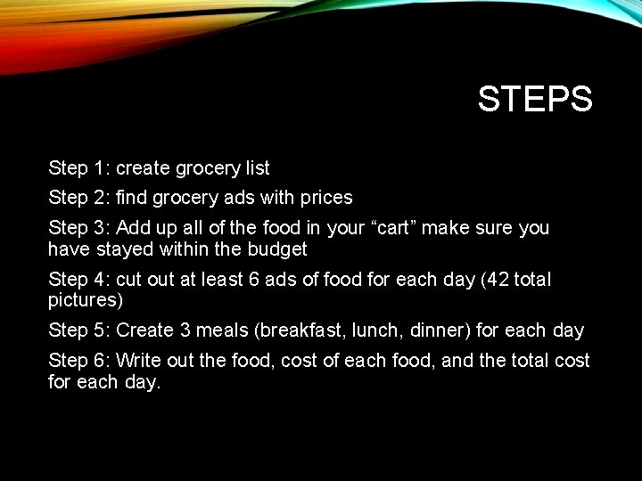STEPS Step 1: create grocery list Step 2: find grocery ads with prices Step