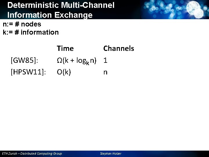 Deterministic Multi-Channel Information Exchange n: = # nodes k: = # information [GW 85]: